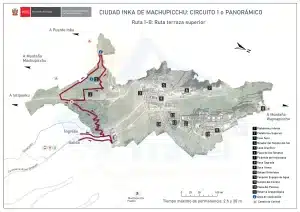 Mapa de Machu Picchu que muestra el Circuito 1-B con terrazas superiores, rocas sagradas y templos incas, ideal para vistas panorámicas – Aremika Travel