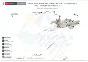 Mapa de Machu Picchu que muestra el Circuito 2-A con templos, plazas y sectores ceremoniales etiquetados, usado para comparar con el Circuito 1 panorámico – Aremika Travel