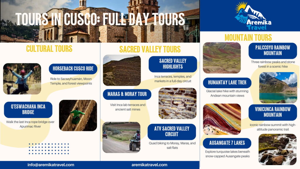 Full day tours in Cusco with Aremika Travel including Sacred Valley, cultural horseback rides, Rainbow Mountain hikes, and Ausangate lakes treks - Aremika Travel